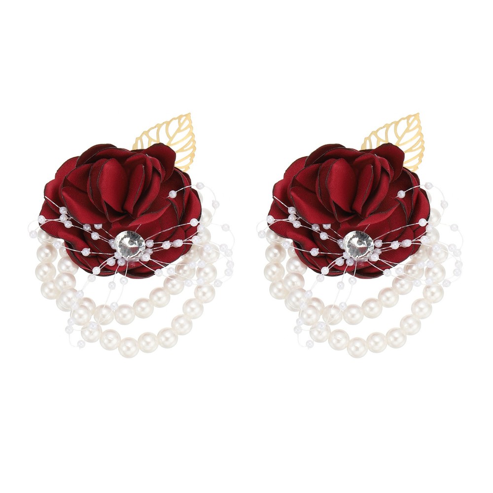 2 Pcs Rose Bridesmaid Wrist Flower Artificial Bride Wrist Burgundy