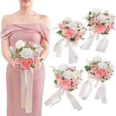 Coralpink Bridesmaid Bouquets Set of 4 – Silk Wedding Flowers Decor