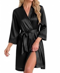 Women’s Lace-Trim Silk Robes Bride Bridesmaid Kimono Satin XX-Large Black