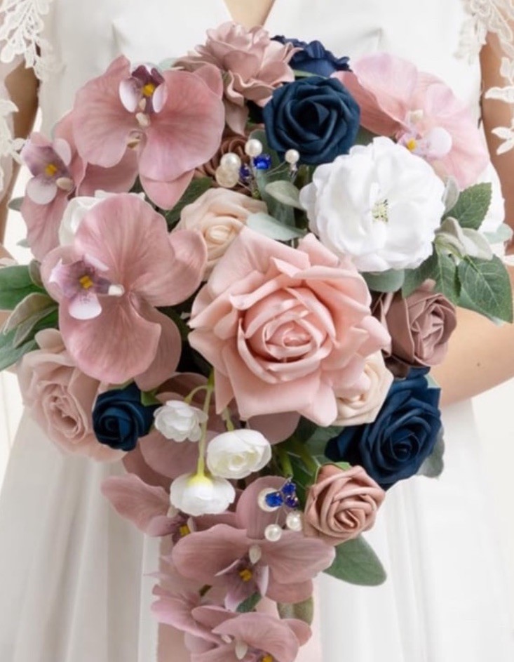 Ling’s Moment Pink Blue Bridal Bouquet Cascading, Dusty Rose Navy Wedding Bou…