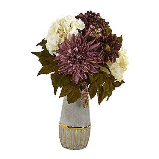 17in. Peony, Hydrangea and Dahlia Artificial Arrangement in Stoneware Purple