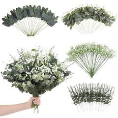 120 Pcs Mixed Artificial Eucalyptus Leaves Stems Bulk – Baby Breath Green