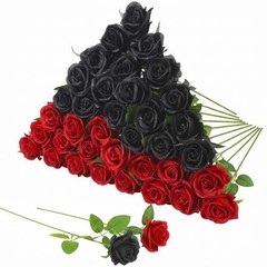 36 Pcs Silk Black Red Rose Bouquet Bridal Artificial Flowers,Fake Black, Red