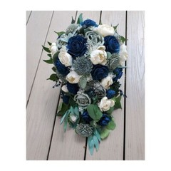 Navy Gray Sola Wood Flower Bridal Cascade Bouquet Wedding Artificial Bridesmaid
