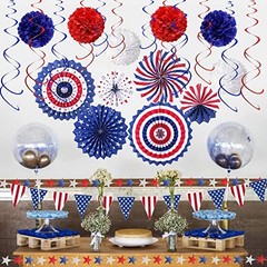 4th of July Patriotic Party Decorations 27 PCS Set, 6 Paper Fan, 6 Flower
