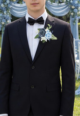 Dusty Blue Corsage and Boutonniere Set for Wedding Prom, Artificial Rose Flower