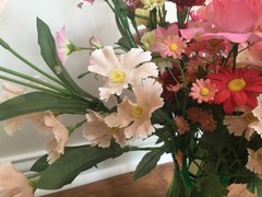 VINTAGE SILK FLOWER mixed blush pink +flowers ROSES ARRANGEMENT in a green vase