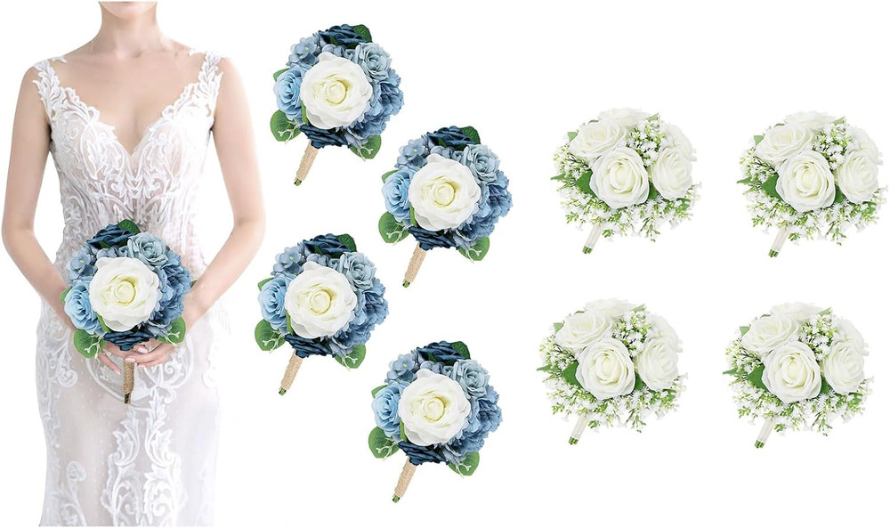 Dusty Blue & Ivory Rose Bridesmaid Bouquets Set of 4 for Weddings