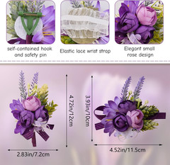Wrist Corsage and Boutonniere Set, 1 Set Small Rose Purple Hand Flower for Prom