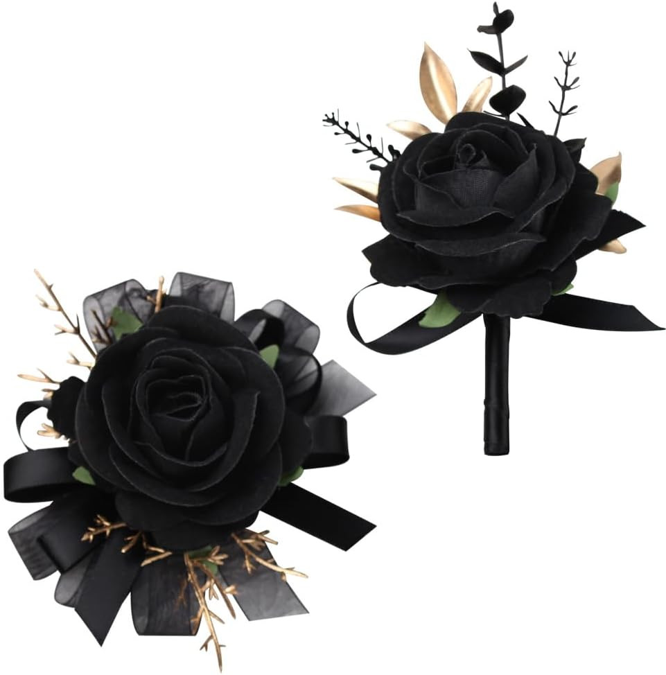Rose Wrist Corsage and Boutonniere Set for Weddings and Events (Black)