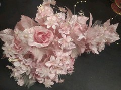 1970s Vintage Silk Wedding Bouquet, 18″ Satin Leaves, Roses, Stephanotis, Pearls