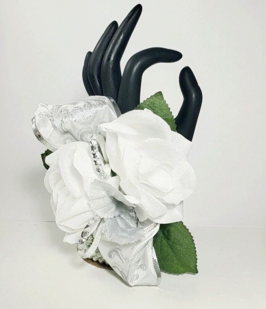 Prom Wrist Corsage & Boutonniere Artificial White Silver Diamond