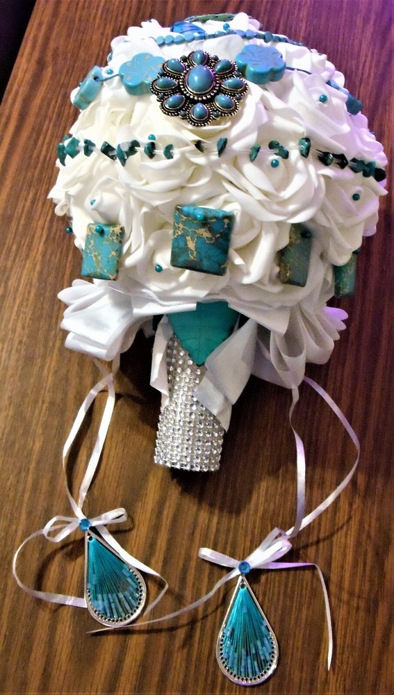 Bridal Wedding Bouquet Color Turquoise Gem Stone Brooch White Latex Rose Flowers