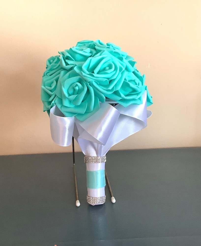 Small teal blue bridal bouquet with real touch roses