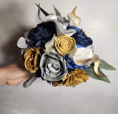 Navy Blue Silver Gold Rose Calla Lily Sola Wood Bridal Wedding Bouquet Accessori