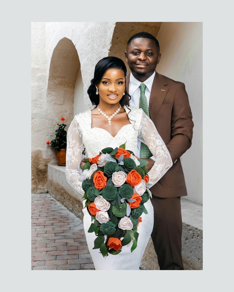 Orange & Green Cascade Bridal Bouquet Sola Wood Dark Forest Olive Pumpkin Flower