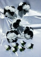 11 Pc Wedding Bouquet Set, White Roses, Black Calla Lilies, Bouquet Package