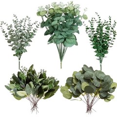 100pcs Artificial Eucalyptus Leaves Stems, 5 Kinds Mixed Fakeery 100 Pcs Green