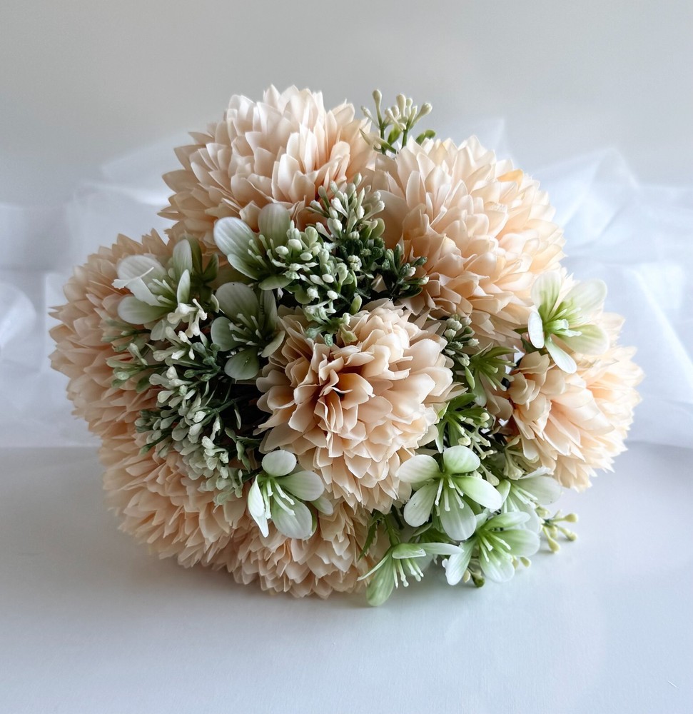 Chrysanthemum Bouquet Pre Made Peach White Flowers Artificial Wedding Faux Silk