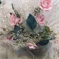Vintage Shabby Chic Heart Wedding Bouquet Lace Green Ribbon & Pink Roses Wrist