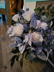 Steel Blue Wedding Bouquet, Dusty Blue, Ivory, Silk Roses, Men’s Boutonniere 