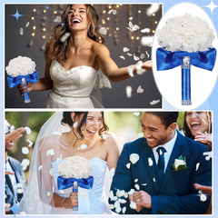 Royal Blue Wedding Bouquet Set – 6 Pack with Diamonds & Ribbons for Bride & Brid