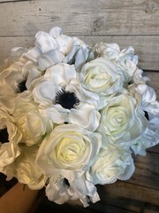 White Roses with Black center Anemone with Matching boutonnière ( magnet)