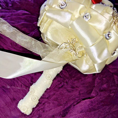 Bridal Satin Rose Brooch Bouquet w/ Rhinestones & Pearls Red Ivory Wedding