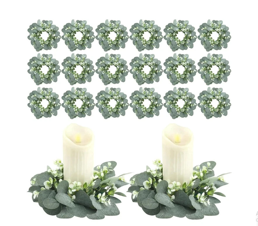 Panelee 20pcs Wedding Candle Rings – Boho Eucalyptus Leaf Wreath Holders
