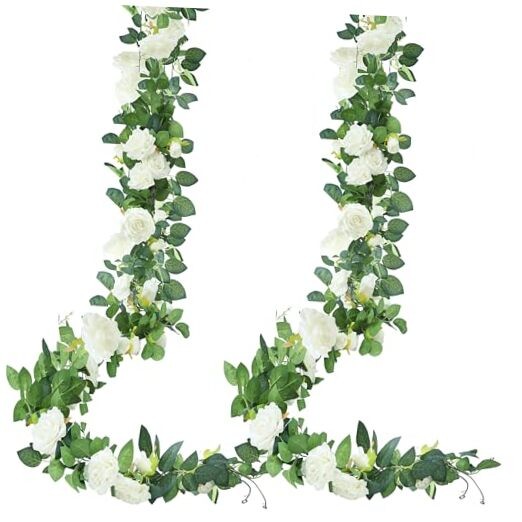 15.5Ft Artificial Rose Vine Fake Flower Garland Floral Garland Faux 2Pcs White