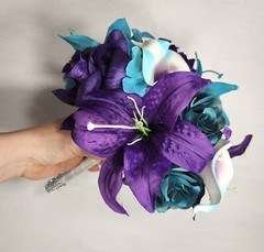 Purple Teal Rose Tiger Lily Bridal Wedding Bouquet Accessories