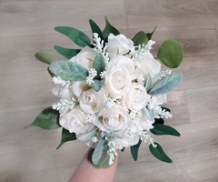 White Bridal bouquet Wedding Bridesmaid Flowers Silk Rose Eucalyptus Faux Floral