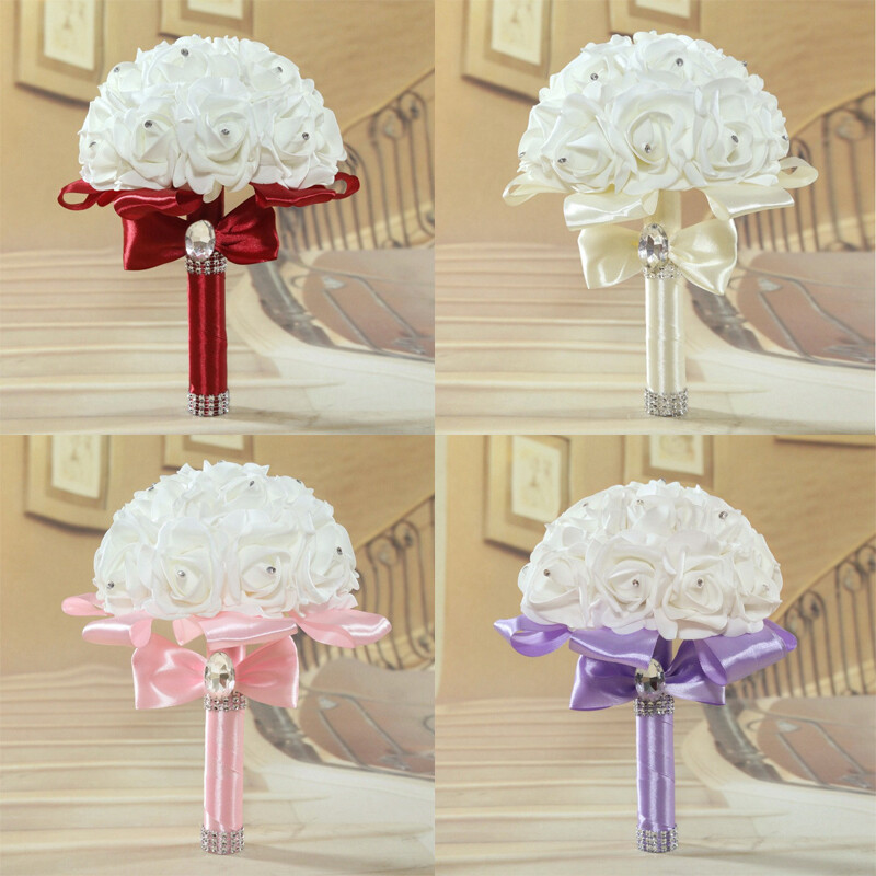 Bride Bouquet Artificial Flowers Wedding Bridal Holding White Ribbon Rhinestones
