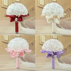 Bride Bouquet Artificial Flowers Wedding Bridal Holding White Ribbon Rhinestones