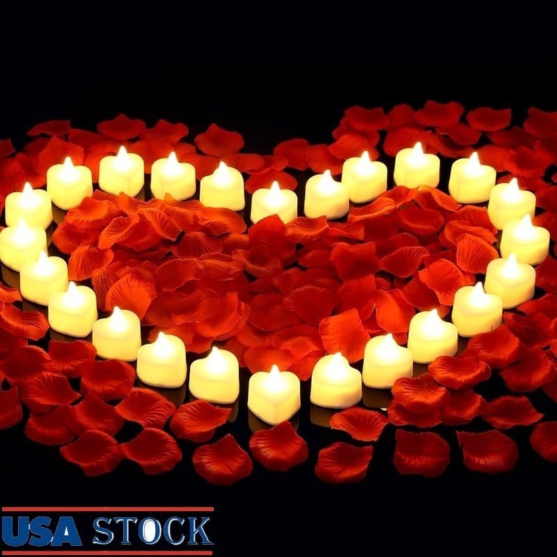 Romantic LED Candle & Rose Petals Set Weddings Dates Celebrations Decor New