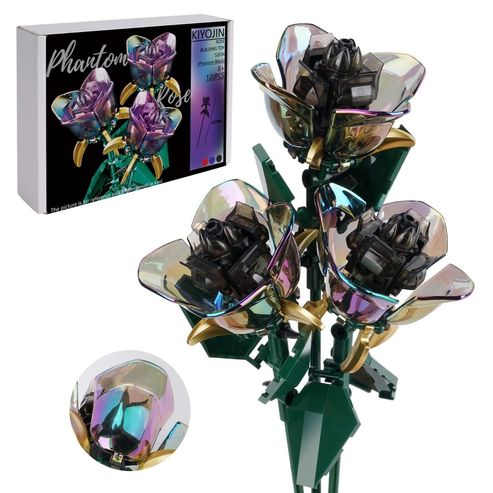Rainbow Rose Flower Bouquet Building Set – 120pcs Botanical Decor, Compatible wi