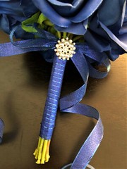 Royal Blue Faux Flower Roses Bridal Wedding Bouquet Vintage Rhinestone & Pearl 