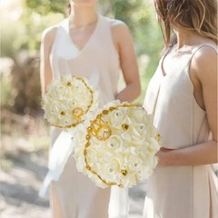 Real Touch Wedding Bouquet White Roses Crystal Bling Handle Silk Bridal Flowers