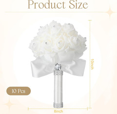 Elegant 10-Piece White Rose Wedding Bouquet Set with Diamond Ribbons
