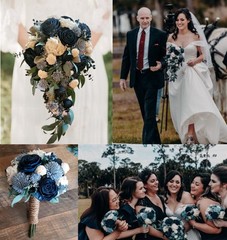 Navy Dusty Blue White Bridal Bouquet Sola Wood Eucalyptus Cascade Bridesmaid