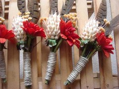 6 Rustic Western Boutonnieres ~ Rust Flower w/Feathers & Jute Twine ~ Hand Made