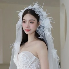 Wedding Veil Flower Feather Short Veil Bride Hair Accessoies White Lace Sheer