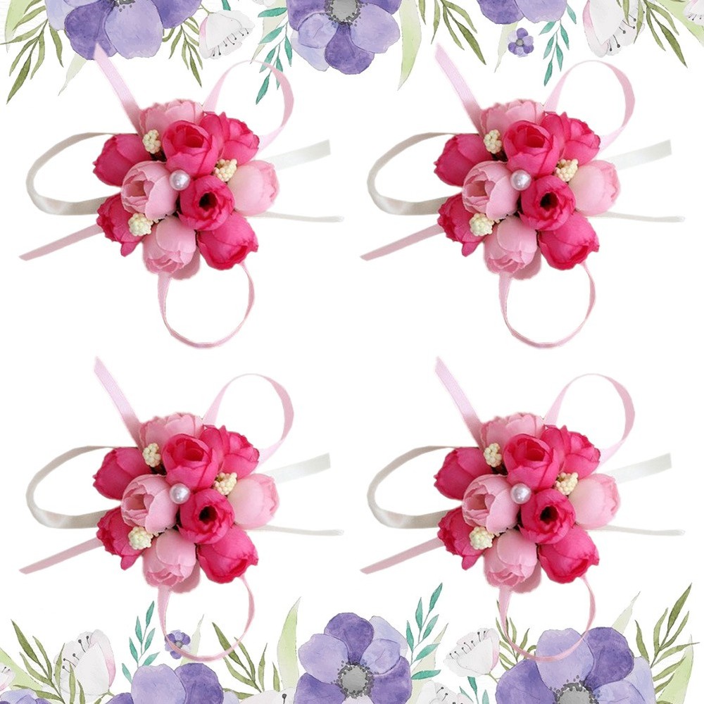 4 Pcs Silk Wedding Wrist Flowers Brooch Flower Ornament for Outdoor Wedding