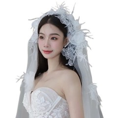 Wedding Veil Flower Feather Short Veil Bride Hair Accessoies White Lace Sheer