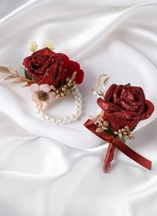 PartyforU Red Rose Boutonniere and Corsage Set – 2 Pcs Artificial Flowers