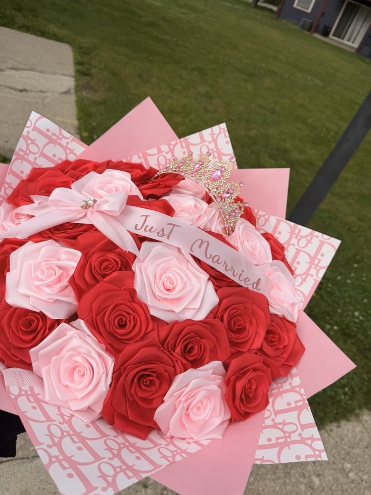 Artificial Red & Pink Rose Wedding Bouquet with “Just Married” Ribbon