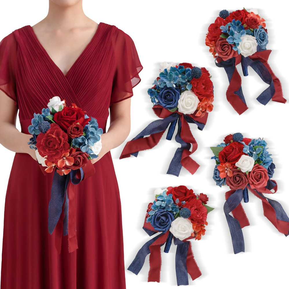 Set of 4 Red & Navy Blue Bridesmaid Bouquets – Silk Flower Wedding Decor