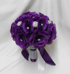 Wedding Silk Flower Bridal Bouquet 2 pieces Bride Groom Purple Eggplant Brooch