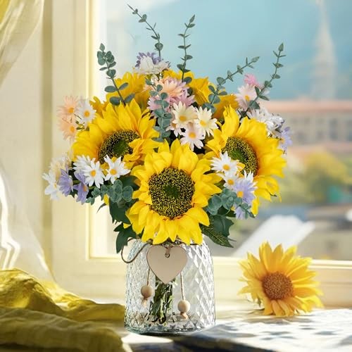 Sunflower Fake Flowers in Vase: Sunflowers Artificial Flowers with Vase for