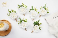 Ivory White Rose Boutonnieres for Men, Set of 2, Artificial Corsage